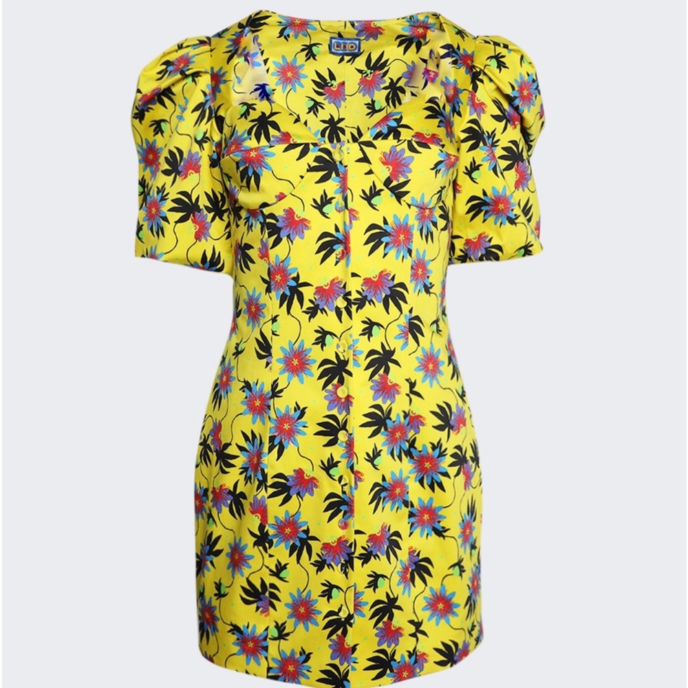 Bright Yellow Floral Puff-Sleeve Dress